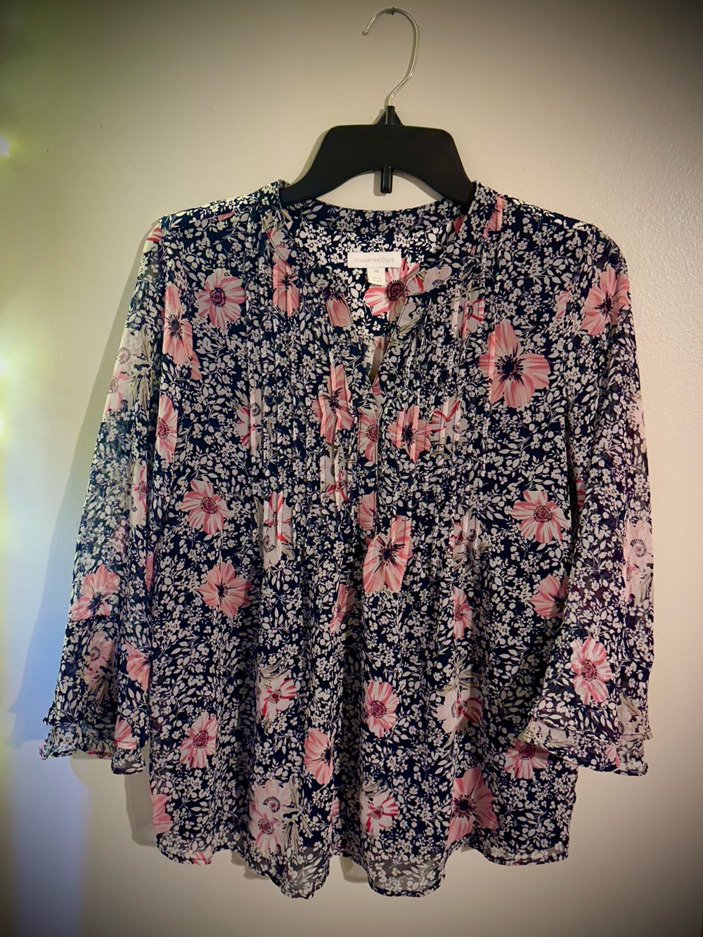 Charter Club Navy Floral Peasant Blouse with Pink Blooms and Slight Bell Sleeves